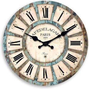 Wood Decorative Wall Clocks for Living Room 24 Inch Big Clock Battery Operated Blue Rustic Wall Clock Silent Non Ticking(No Solid Wood, It is with MDF Material)