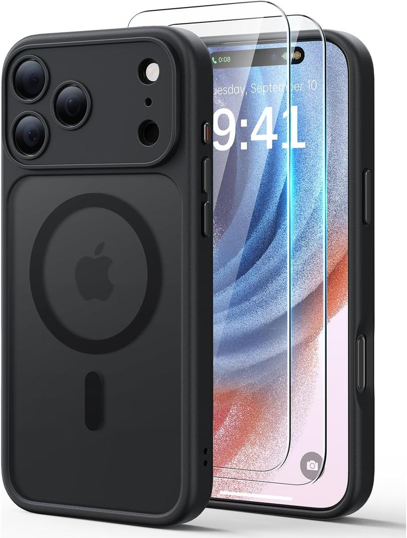 JJL for iPhone 17 Pro Max Case with 2 Pack Screen Protectors, Compatible with MagSafe, Full Camera Protection, Translucent Matte Magnetic Phone Cover, Black