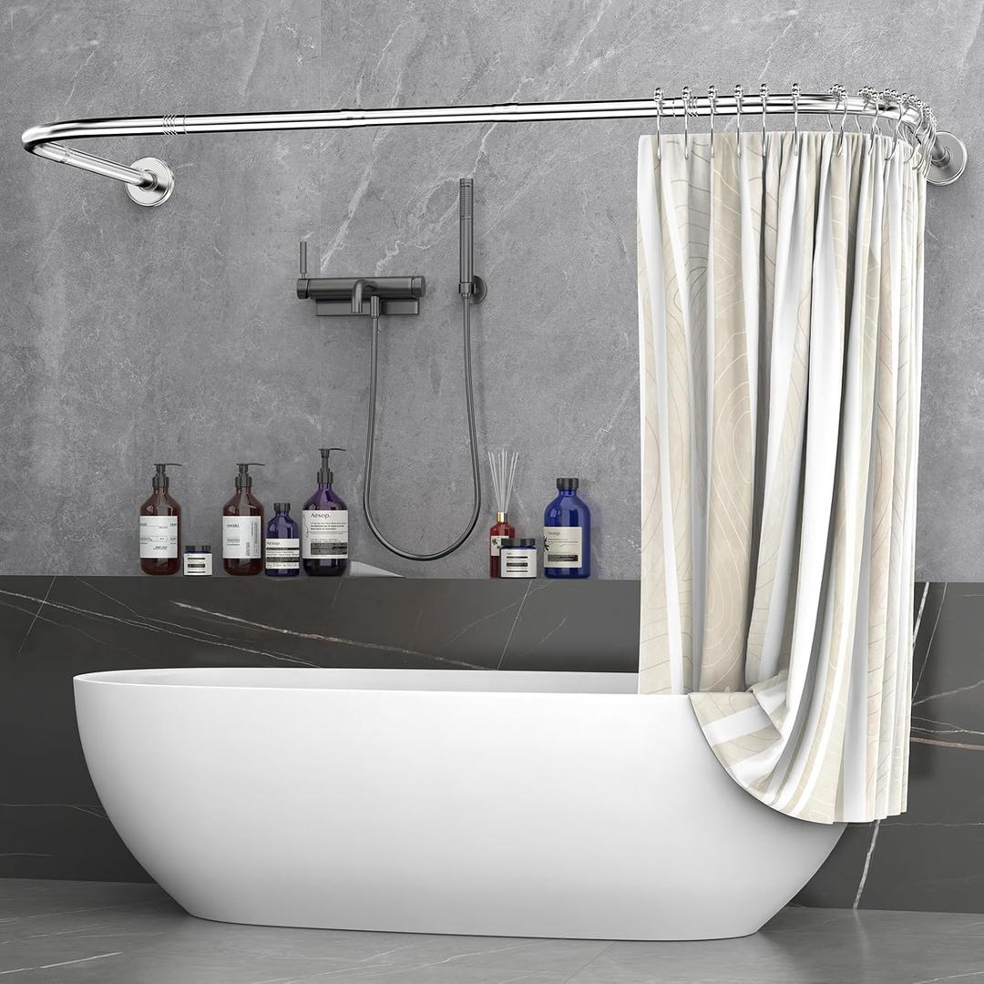 Shower curtain rod U/L shapd 29.5"x(59"-75") x29.5", adjustable shower curtain rod never rusts, curved shower curtain rod for bedroom, bathtub, closet, dressing room contains 24 hooks - silver