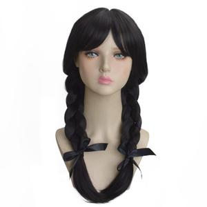 Black Braided Wigs with Bangs, Long Black Pigtails Cosplay Wig for Halloween Costume Anime Party (01)