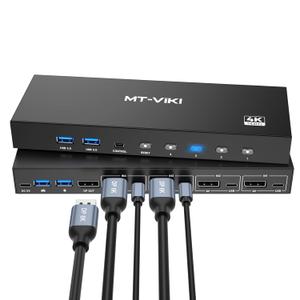 MT-VIKI 8K Displayport KVM Switch 4 in 1 Out DP1.4 with 4 USB 3.0 Ports, Support 8K@60Hz 4K@144Hz Share 1 Monitor Keyboard Mouse U-Disk Printer, with 4 USB A to C Cables