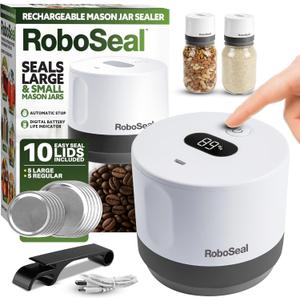 RoboSeal Rechargeable Mason Jar Vacuum Sealer for Mason Jars Wide & Regular Mouth, One Touch Operation, 50 Jar Lids and Jar Opener Included, Digital Battery Indicator, Preserves Foods 5x Longer