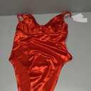 Velius Women's Sexy Deep V Neck Shiny Thong Bodysuit Tank Tops with Underwire (Red,Medium)