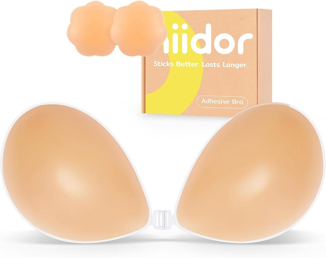 Niidor Adhesive Bra Strapless Ultra Sticky Invisible Push up Silicone Bra Multiple Colors Sizes Reusable for Backless Dress (Creme)