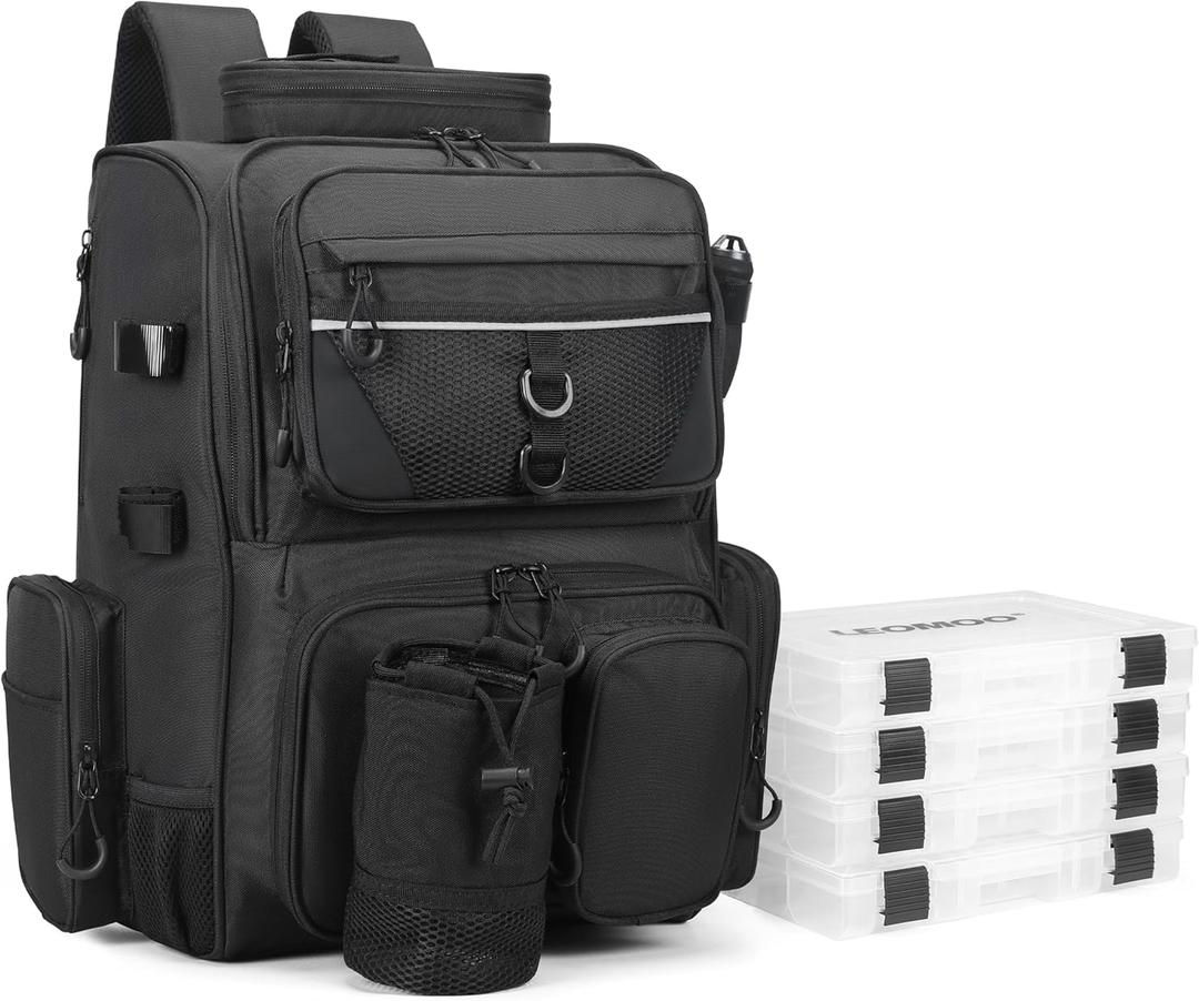 Fishing Tackle Backpack With Rod Holders, Large 40L Fishing Backpack for Camping, Hiking (Black)