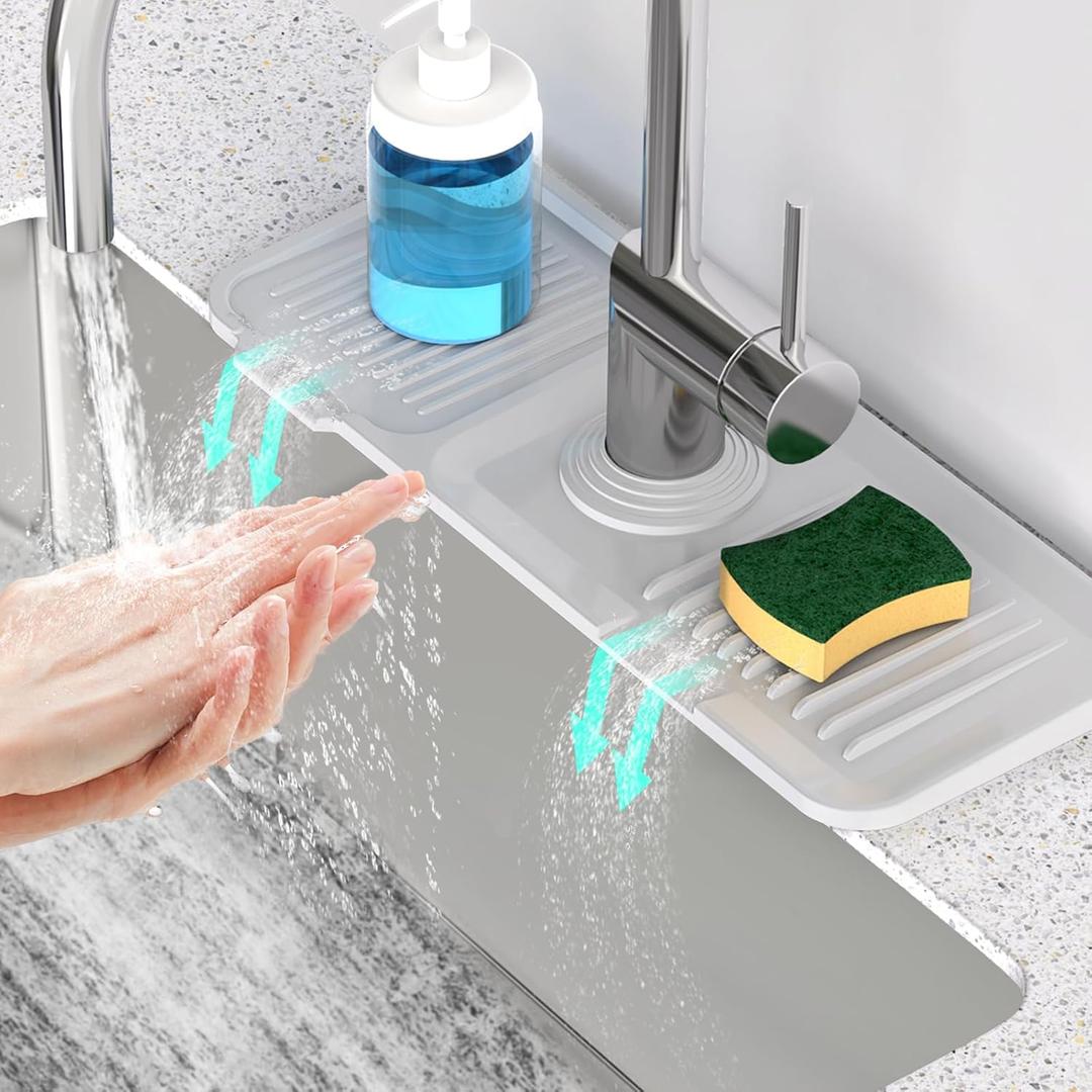 14.6'' Faucet Mat for Kitchen Sink [5Slope Fast Self-draining] Kitchen Sink Splash Guard Silicone Kitchen Sink Faucet Mat Splash Guard for Kitchen Sink Area Faucet Guard Draining Mat Light Gray
