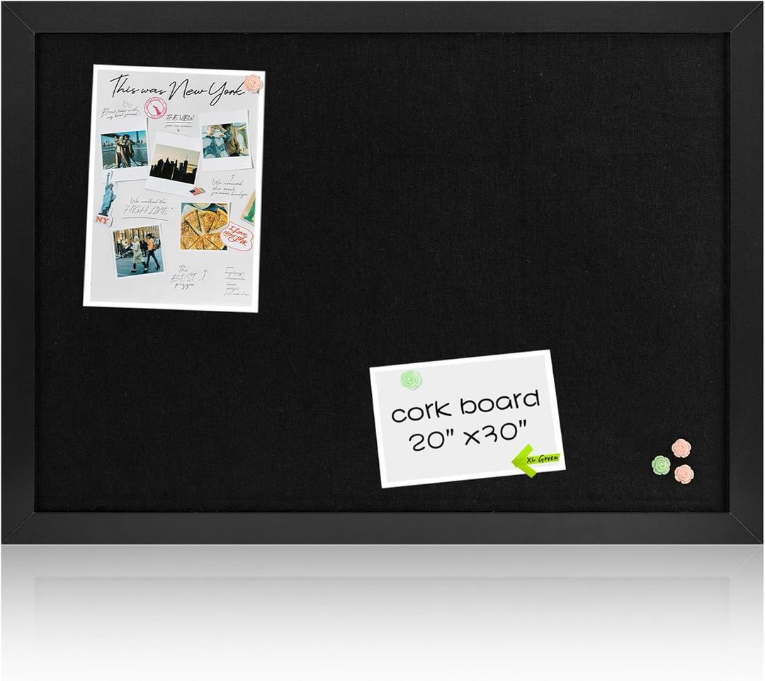 Black Cork Board Bulletin Board with Linen, Wood Framed 30" x 20" Corkboard, Office Board for Wall Decor, Wall Mounted Pin Board Picture Board with 20 Pushpins for School, Home & Office
