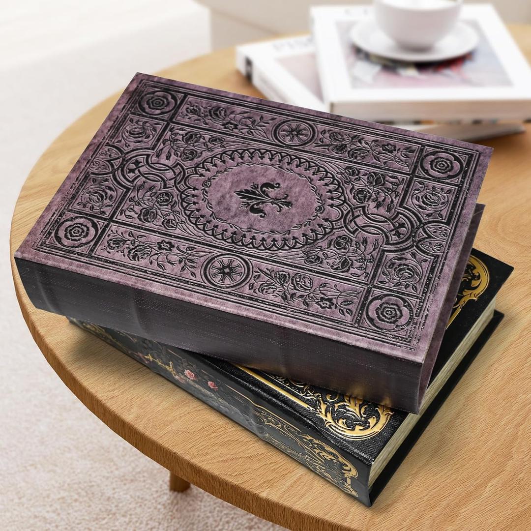 Premium Leather Book Shaped Box Decorative Storage with Embossed Design, Secret Safe for Valuables,Remote Control Holder Decorative Vintage Pattern Large Size Box