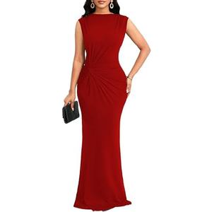 Elegant Red Long Dress for Women Sexy Mock Neck Sleeveless Twist Waist Long Formal Evening Dresses Split Back Zipper(XX-Large)