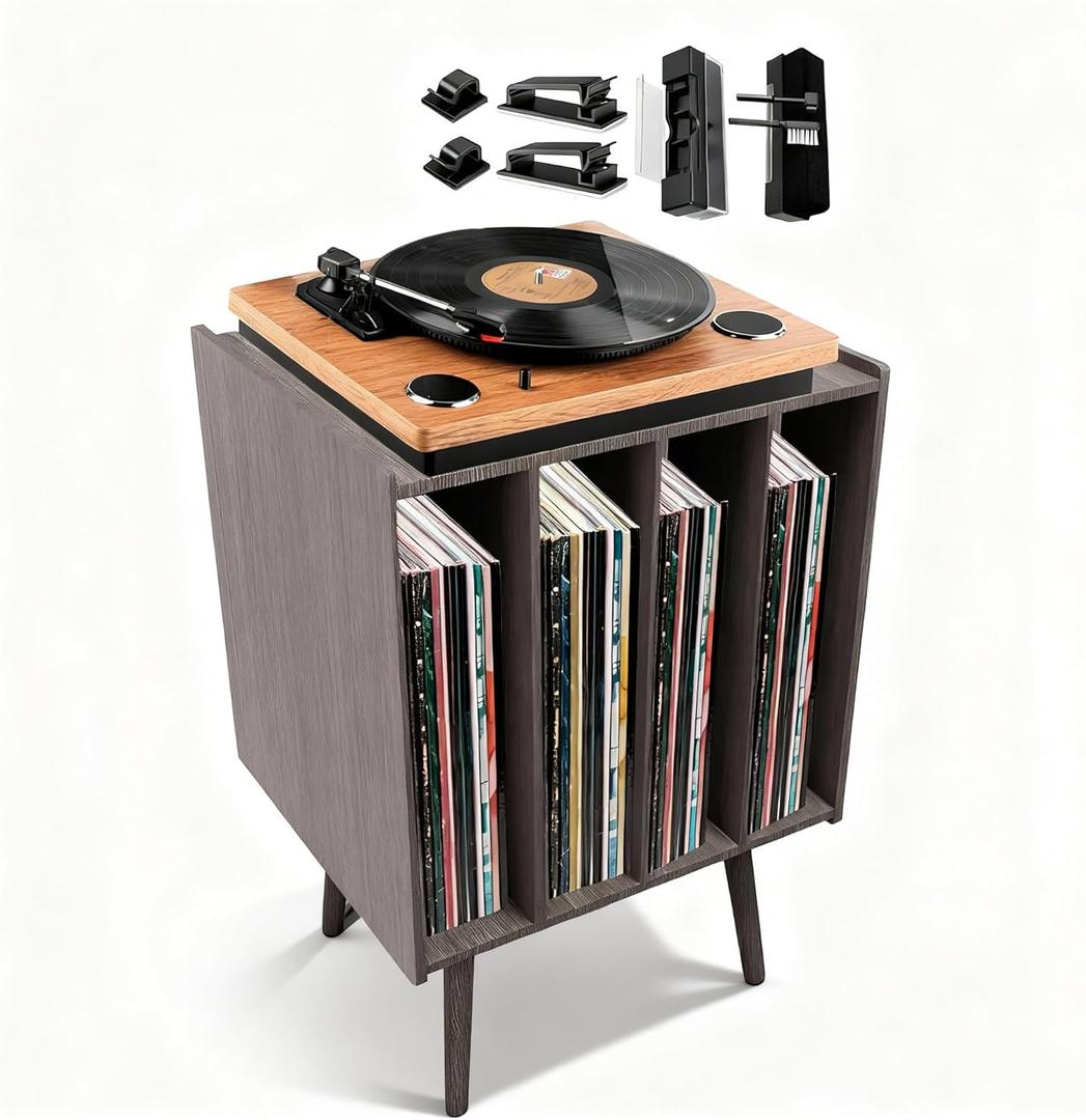 Record Player Stand Large Wood Turntable Console with Vinyl Storage Cabinet Shelf Holder Furniture Tabletop Organizer for Albums Equipment Speakers Decor Display Modern Audio Media Rack