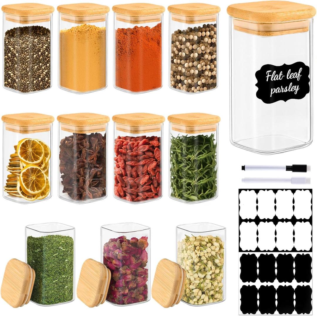 TBWIND 12 Pack 8 oz Square Glass Spice Jars with Lids and Labels Airtight Small Spice Containers Set, Clear Glass Storage Jars for Seasoning, Spices, Kitchen Pantry Organization