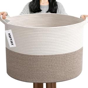 HZFTJOY 115L Extra Large Blanket Basket,Woven Rope Laundry Basket Hamper with Handles, Decorative Nursery Basket Storage Bin for Toys, Clothes Organizer, Living Room, Bedroom, Bathroom, White & Brown