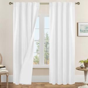 LAMIT White 100% Blackout Linen Curtains 84 Inches Long, Linen Textured Living Room Bedroom Curtains Full Room Darkening Back Tab and Rod Pocket Panels with White Liner, 2 Panels, 38 x 84 Inch