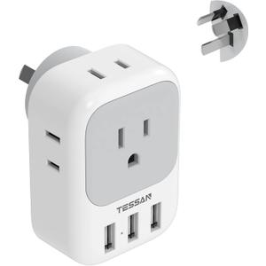 TESSAN Australia Power Plug Adapter, US to New Zealand Power Adapter with 4 American Outlets 3 USB Charger, Type I Travel Adaptor for USA to Australian, China, AU, Argentina, Fiji, Cook Islands, Samoa