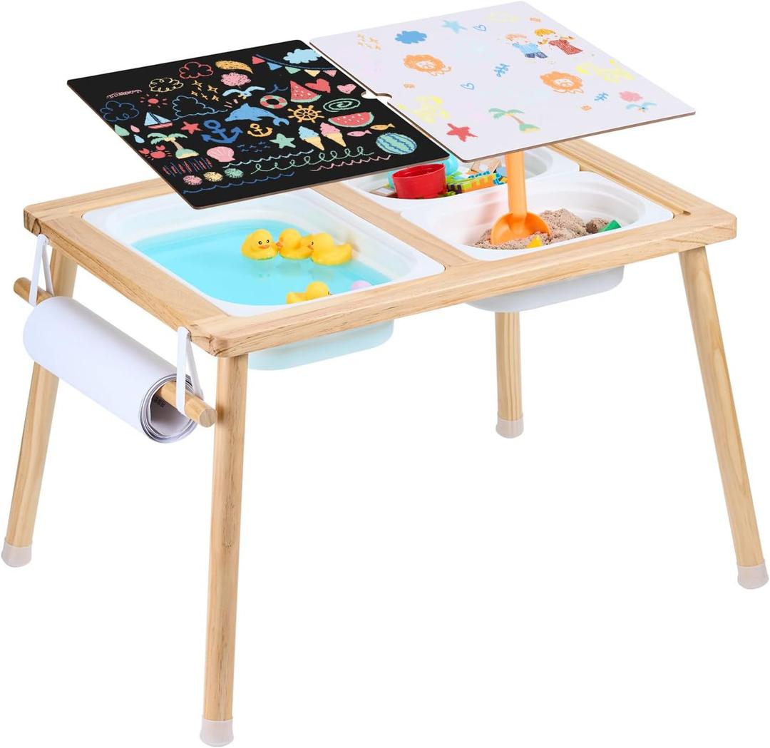 VEVOR Sensory Table for Toddlers, Kids Activity Table with 3 Foldable Storage Bins & Paper Roll Holder, Indoor/Outdoor Play Sand and Water Table, Wooden Kids Sensory Drawing Table, Gift for Boys Girls