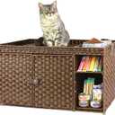 Aesthetic Cat Litter Box Enclosure, Handwoven Rattan Hidden Litter Box Furniture with Extra Mat and Fence, Large Space Litter Box Cover with Divider for Bedroom Living Room Balcony, Brown