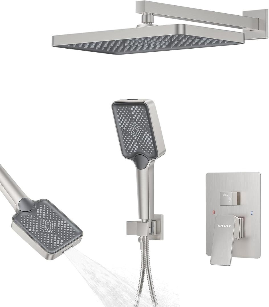 Shower System 13-Inch Rainfall Shower Head - 3 Setting Handheld Sprayer, Complete Bathroom Set with Faucet Mixer Trim Kit & Valve Brushed Nickel