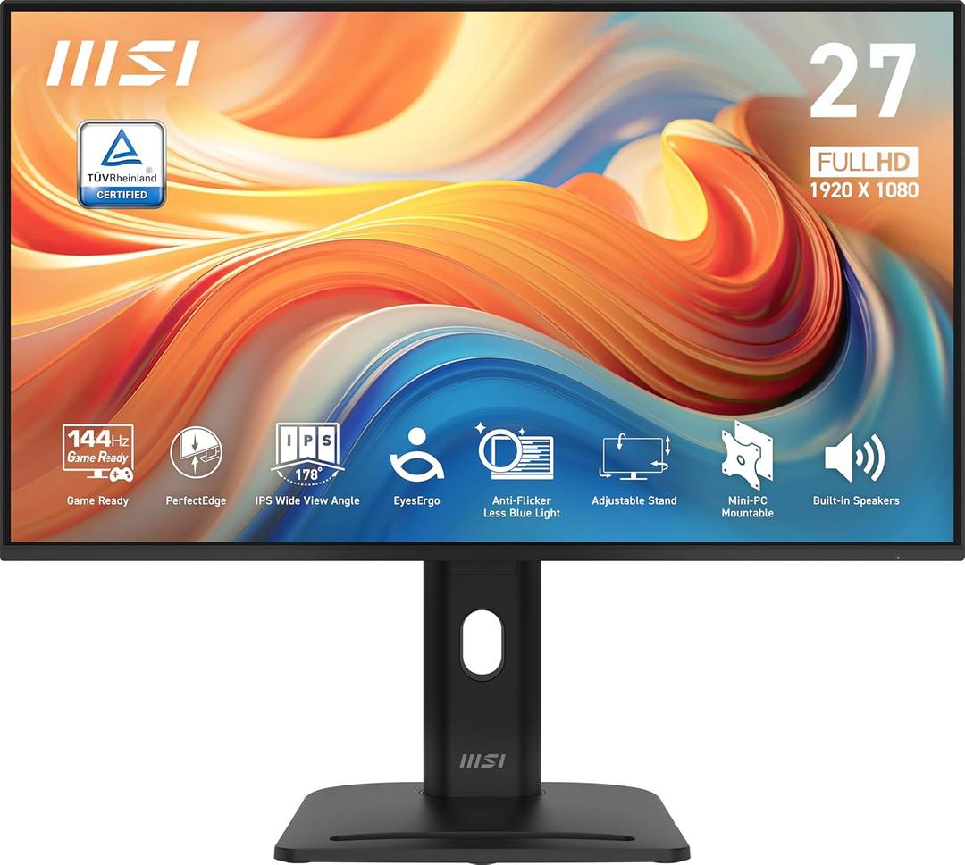 MSI PRO MP275PG E14 27-inch IPS 1920 x 1080 (FHD) Gaming Office Monitor, 144Hz, Free-Sync, HDMI, DisplayPort, VGA Port, VESA Mountable, Height Adjustable, Tilt, Speaker, 4-Side Slim Bezel 1ms, Black