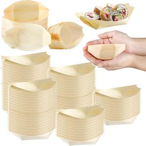 Hoolerry 500 Pcs Disposable Wood Boat Plates Dishes 4 Inches Bamboo Plates Sushi Boat Disposable Bamboo Leaf Dish Serving Tray Food Container Wood Bowl For Catering Home