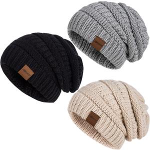 Womens Beanies for Winter 3 Pack, Slouchy Beanies for Women Oversized Knit Warm, Winter Hats for Women Thick for Cold Weather (Black+oatmeal+dark Gray)