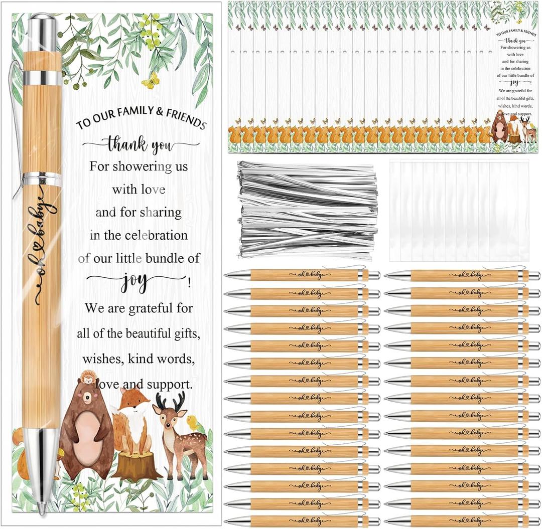Zhanmai 36 Sets Woodland Animals Baby Shower Favors Include Bamboo Pens and Thank You Cards Cable Ties Woodland Baby Shower Party Decoration Gender Reveal Party Favors Game Prizes
