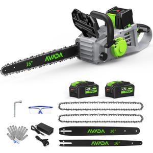 Electric Chainsaw Cordless, 42V 16 Inch Battery Chainsaw with Brushless Motor and Quiet Superior Cutting Power, Hand Battery Powered chainsaw for Tree Trimming Wood Cutting, 2 Battery and Charger