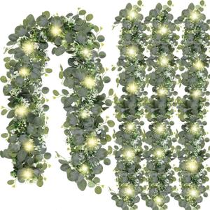 N&T NIETING Pack of 4 Artificial Eucalyptus Garland with Lights, 6FT Artificial Greenery Garlands, Battery Operated Twig Vine for Room Stairs Mantle Wedding Holiday Decoration Indoor Outdoor