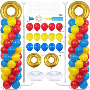 2 Sets Red Blue Yellow Balloon Column Stand Kit with 102 Balloons Ring 5.57ft Adjustable Balloon Tower Stand with Red Blue Gold Balloons Arch Column for Birthday Baby Shower Party Supplies