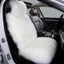 Fluffy Sheepskin Car Seat Cover, Fuzzy Long Wool Front Auto Cushion, Universal Fits Most Vehicle SUV Truck Minivan, Airbag Compatible (Ivory)