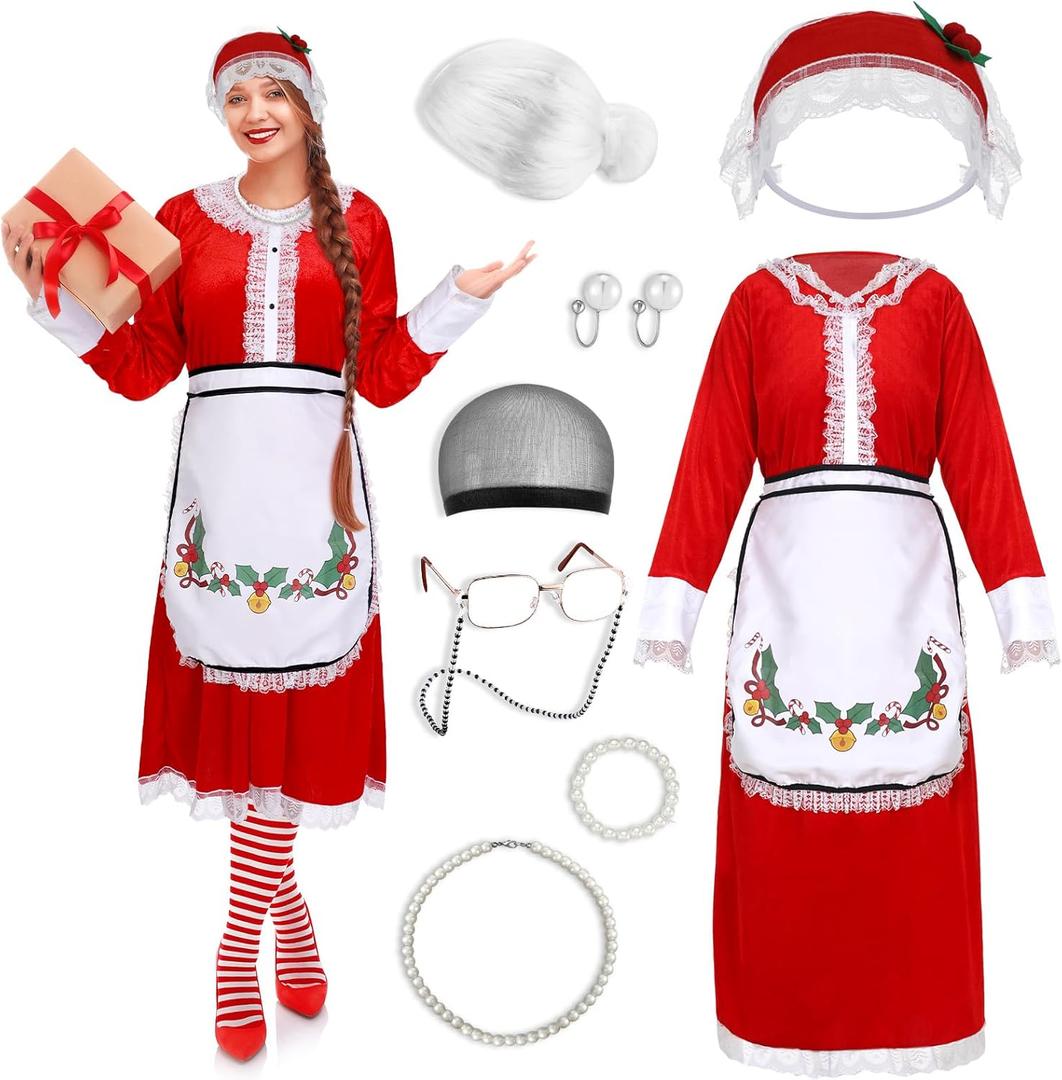 10 Pcs Mrs Santa Costume for Women Classic Christmas Santa Dress Bonnet Apron Wig for Adult Outfit Xmas Cosplay Party