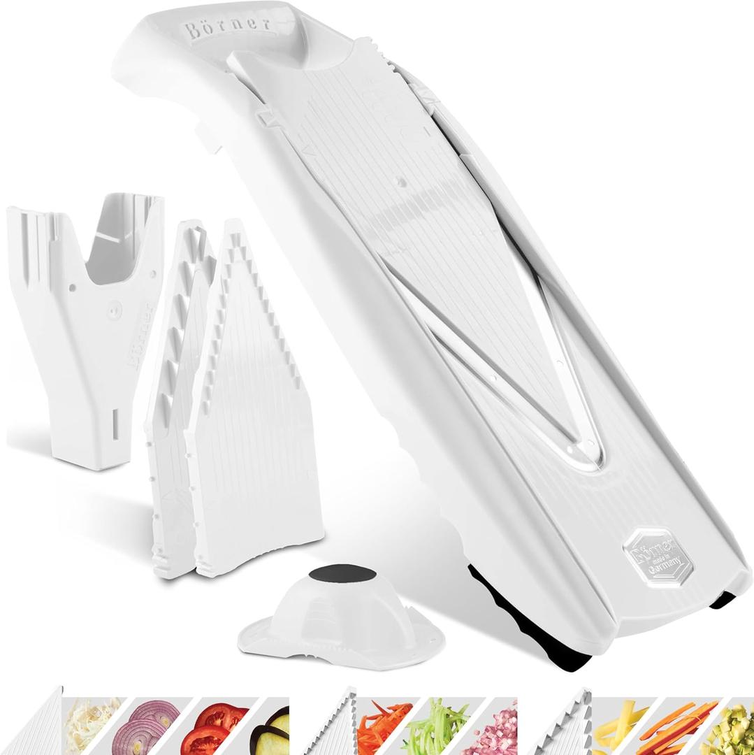 Brner Mandoline Slicer V5 (Starter Set)  Vegetable V-Slicer for Slices, Sticks & Dices in Various Sizes  With Stainless Steel V-Blade  Adjustable Kitchen Slicer  Color: White