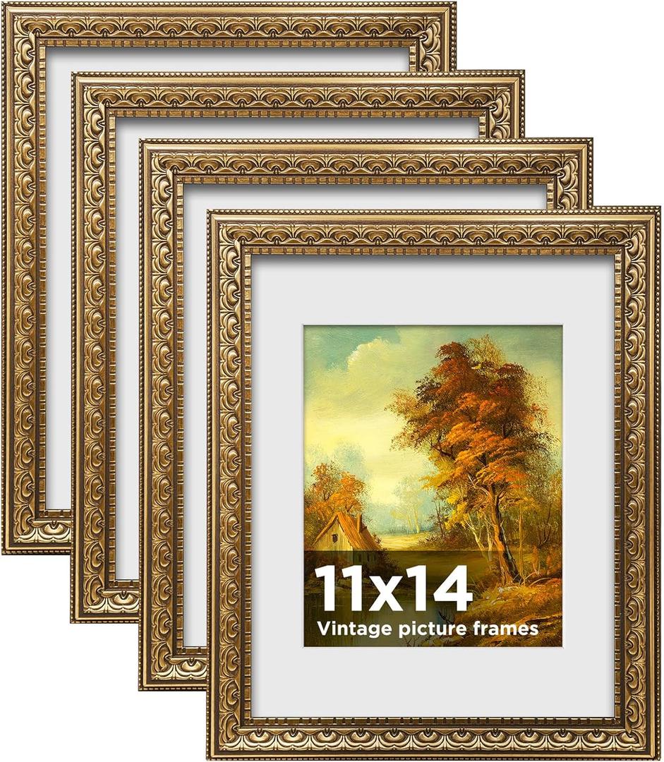 11x14 Vintage Picture Frames,Antique Frames with White Mat for 8x10 Picture,Gold Frames for Wall Decor,4 Pack Ornate Picture Frames,Gold