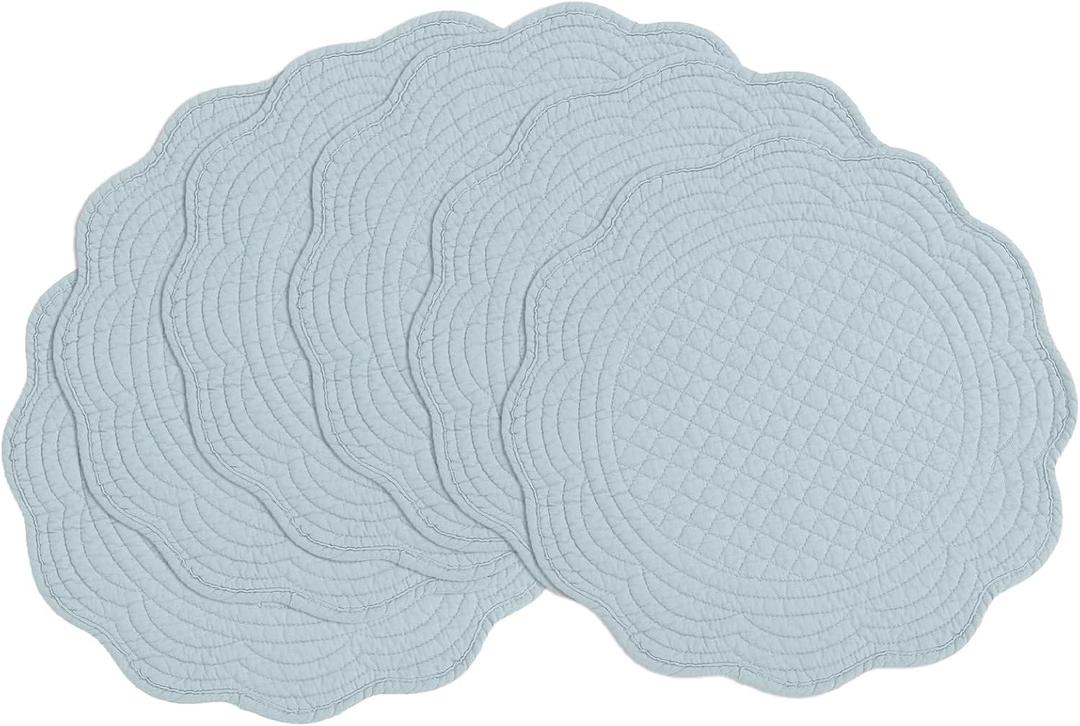 BALAPET Quilted Placemats Set of 6, 100% Cotton 14" Table Mats Farmhouse Style, Reversible Round Tabletop with Scalloped Edges for Kitchen Dinner Party Holidays (Water Blue, 6)