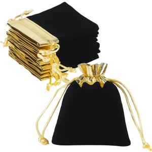 HRX Package Velvet Jewelry Bags 3x4 Inch, 20pcs Black Gold Cloth Drawstring Pouches for Small Gift