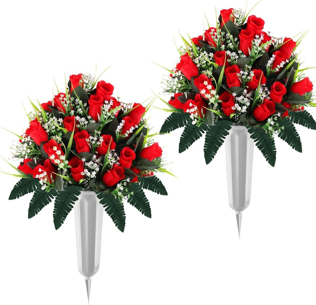 Consevisen Artificial Cemetery Flowers for Grave with Vase, 2 Sets Silk Red Rose Memorial Day Flowers for Cemetery Grave Decorations, Outdoor Grave Decorations for Gravesite Headstones