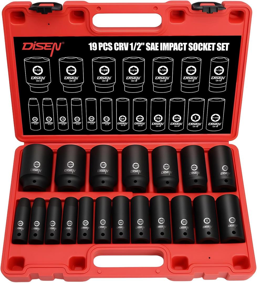 DISEN 19 Pcs 1/2" SAE Impact Socket Set, Deep Sockets 3/8"- 1-1/2", 6-Point Cr-V & Alloy Steel, 1/2 Inches Drive Impact Socket Set,Rugged Construction, Enhanced Storage Case