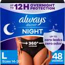 Always Discreet Adult Incontinence Overnight Underwear for Women, Large, Up to 100% Bladder Leak Protection, 48 Count (3 Packs of 16)