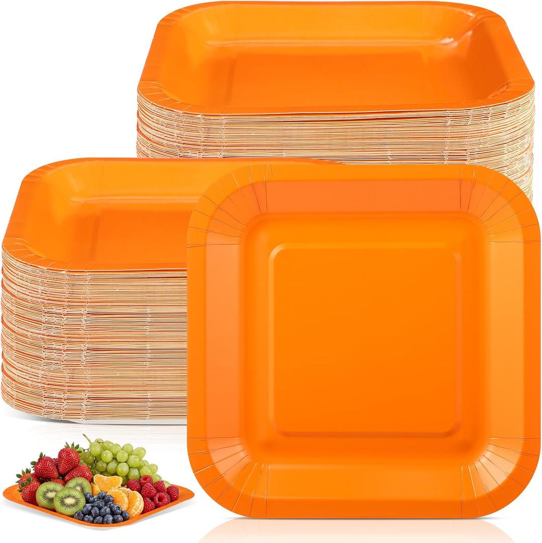 Dandat 100 Pack 7 Inch Graduation Paper Square Plates Appetizer Disposable Cake Plates Disposable Lunch Metallic Foil Dessert Tableware for Birthday Wedding Anniversary Party Supplies (Orange)