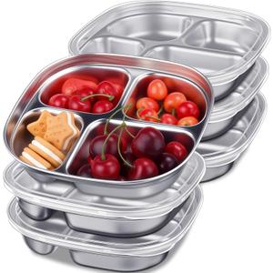 2 x Potchen 6 Pack Stainless Steel Snack Containers with Lids, Reusable 4 Compartments Bento Boxes Snack Lunch Box for Divided Food Storage Container for Home Travel(Classic)