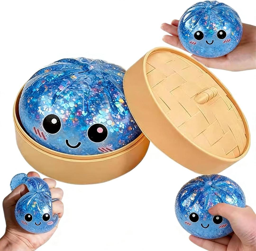 Dumpling Squishy,Dumpling Squishy Mystery Box Glitter Sensory Fidget Balls Stress Relief Hand Toy for Adults & Teens, Easter BasketStuffers with Mini Food Steamer Stretchy Desk Toys (Blue Style 2)