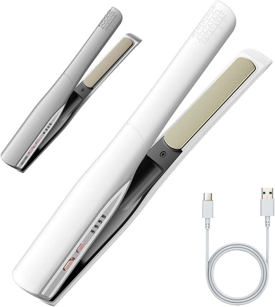 Cordless Hair Straightener and Curler 2 in 1, Fast Heating Cordless Flat Iron, Ultra-Light Portable Straightener for On The Go, Anti-Scald Design with USB-C Charging& Negative Ion (White)