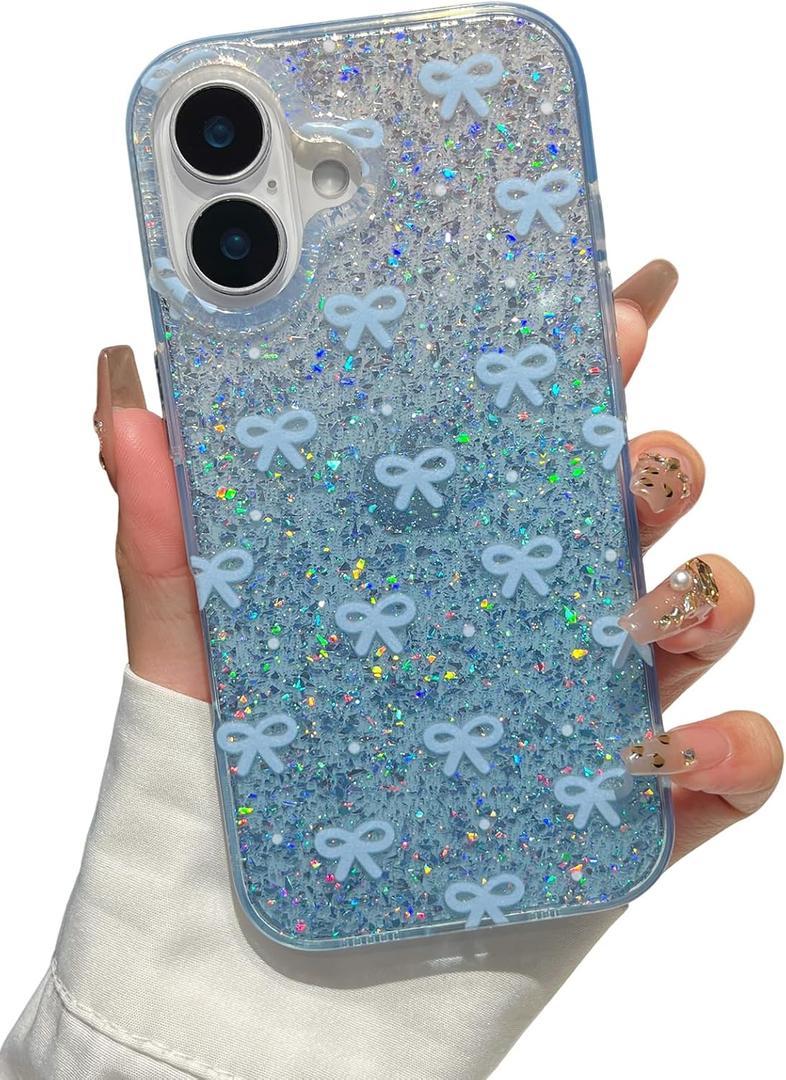 Compatible with iPhone 16 Case, Cute Bow Pattern Gradient Bling Sparkly Aesthetic Transparent Shockproof Slim Durable TPU Phone Case for Women Girls - Blue
