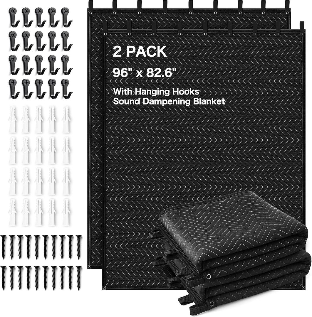 2 PCS Extra Large Sound Dampening Blanket,96"x 80" Sound Absorbing Studio Blanket Panel with Grommets for Wall Hanging,Noise Cancelling Studio Acoustic Curtain/Light Blocker/Soundproof Moving Blanket, 2 PACK