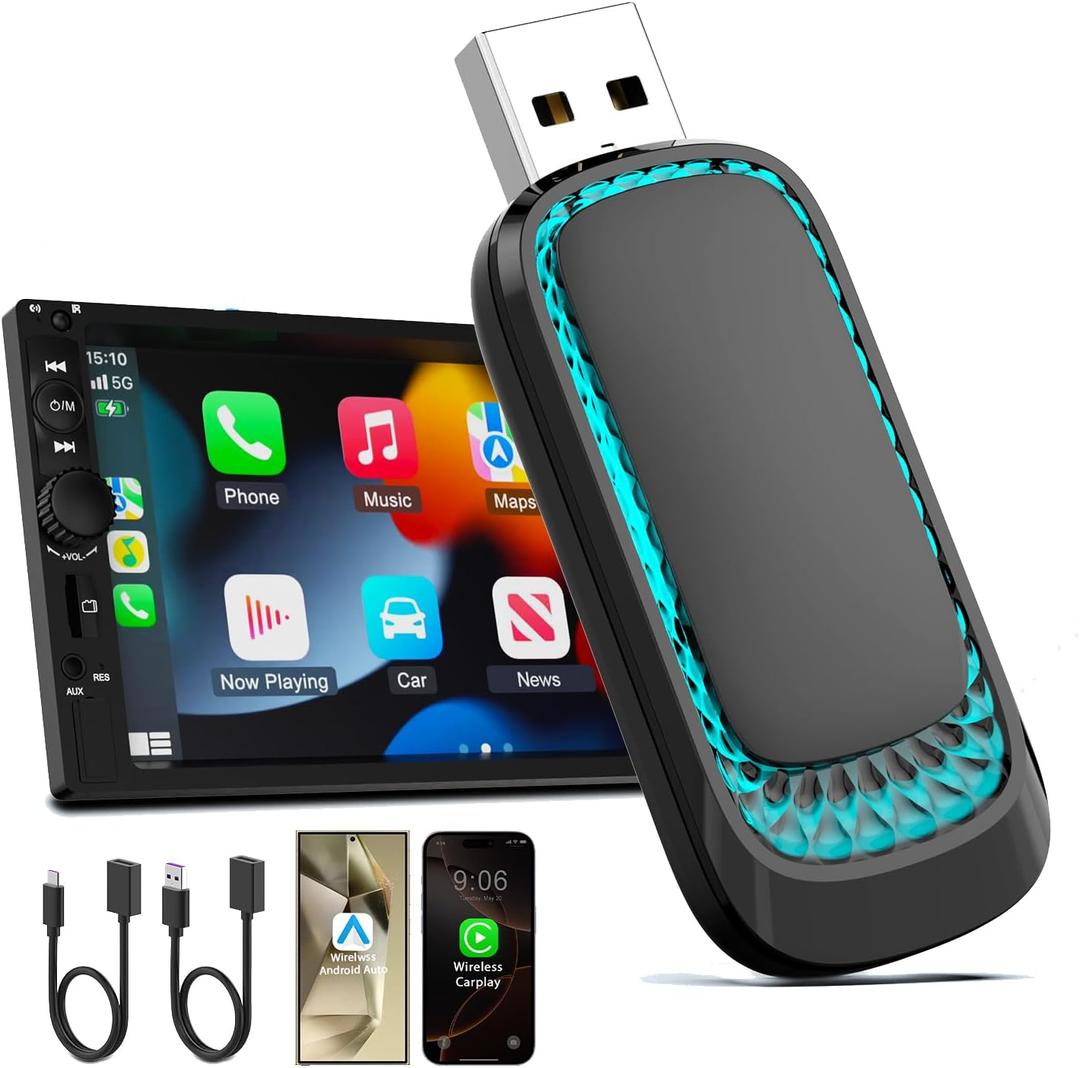 Wireless CarPlay& Android Auto Wireless Adapter - 2 in 1 Mini Adapter for Factory Wired CarPlay and Android Auto Cars, Ultra Low Delay, Multi-Color Ambient Light, Extension Cable USB C/A