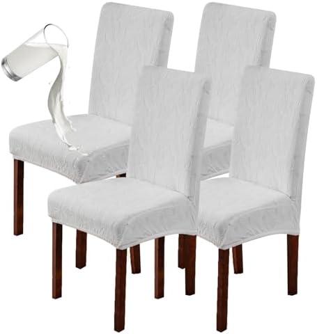 Genina 100% Waterproof Dining Room Chair Covers Set of 4 Stretch Kitchen Chair Covers Parsons Chair Slipcovers for Dining Room Chair Protector Cover, Removable, Washable (Leaf Pattern-Cream)