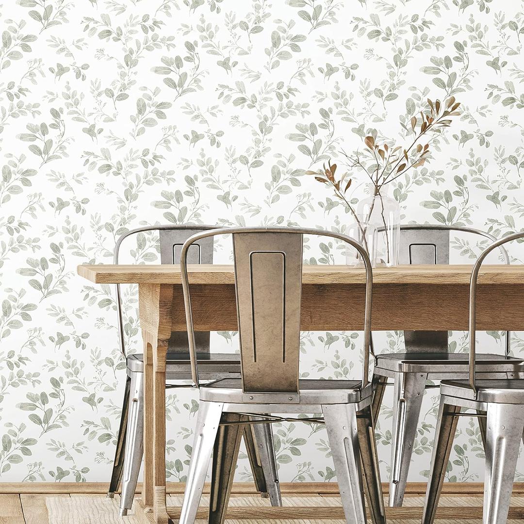 RoomMates RMK12274PL Dancing Leaves Peel and Stick Wallpaper, Green, White