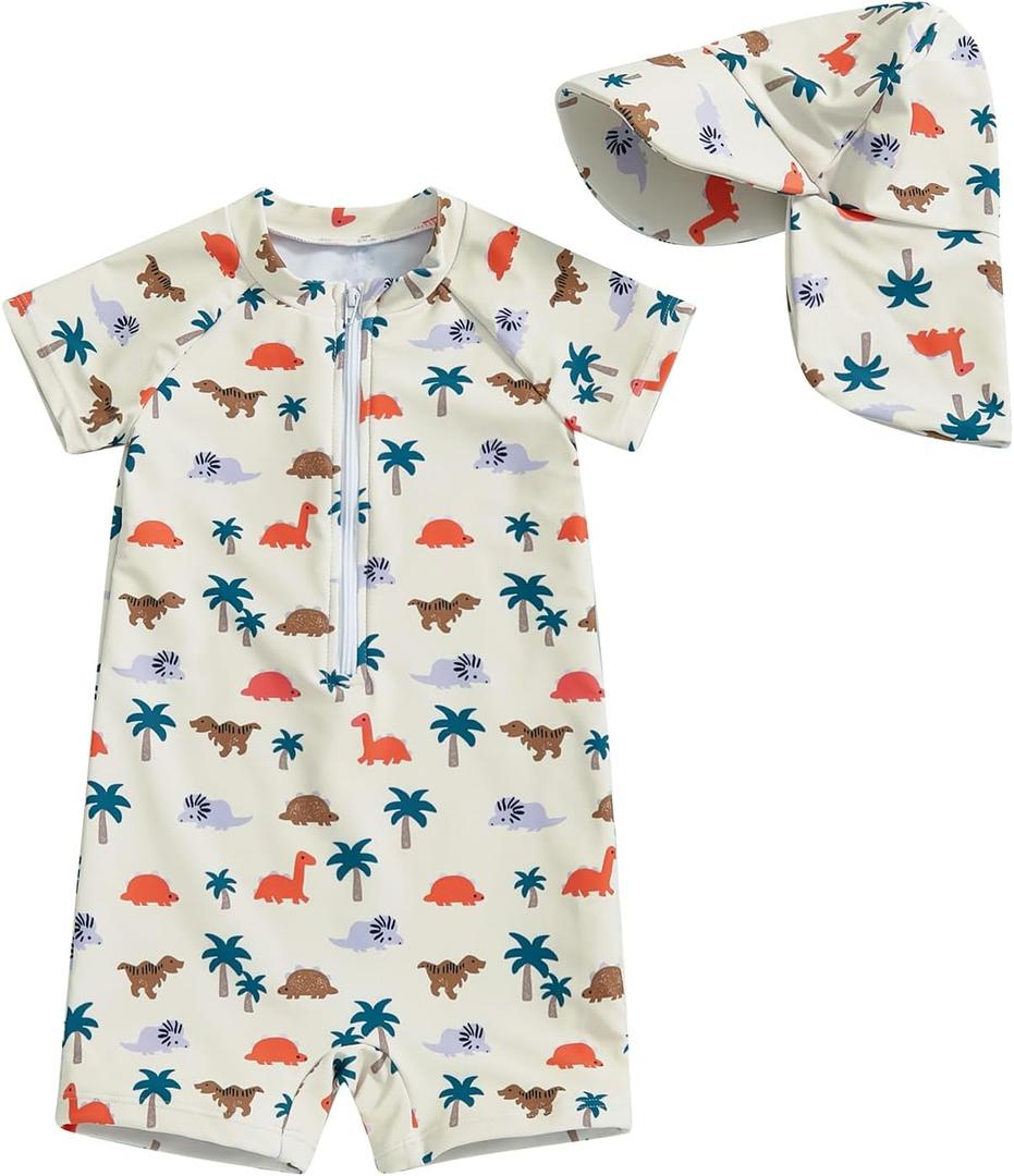 Toddler Boys Rash Guard Swimsuit Sea World Animal Print Zipper Short Sleeve Bathing Suit with Swim Cap for Kids (0-3 Months, Khaki)