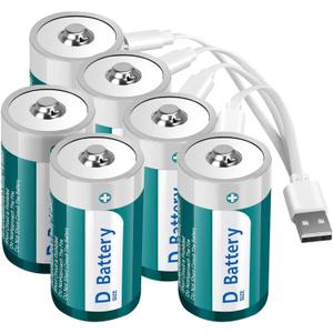 Rechargeable D Size Batteries 6 Pack with USB-C 4 in 1 Charging Cable, 1.5V LR20 Lithium D Cell Battery 5600mWh for Flashlight/Floodlight, Toys
