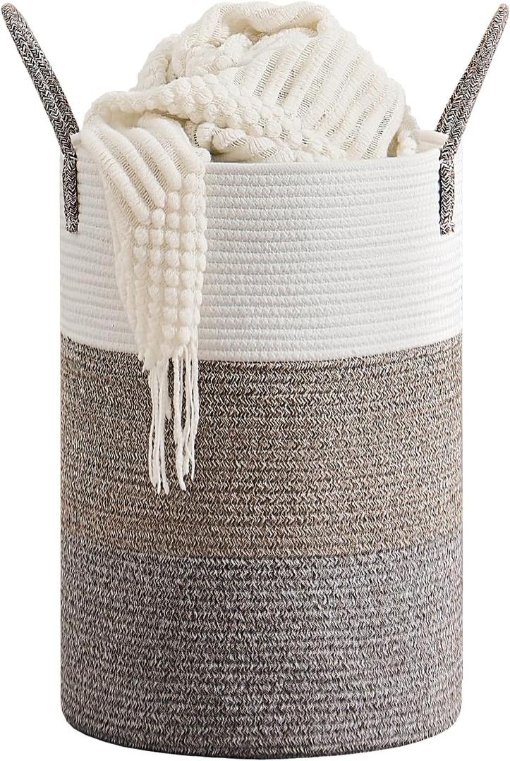 CLHMILY&Z 40L Laundry Basket Round Storage Rope Basket - 13x18 Inches - Laundry Hamper in Bedreoom and Mutil Storage Bin for Blankets, Toys, and Nursery Essentials (Brown & White)