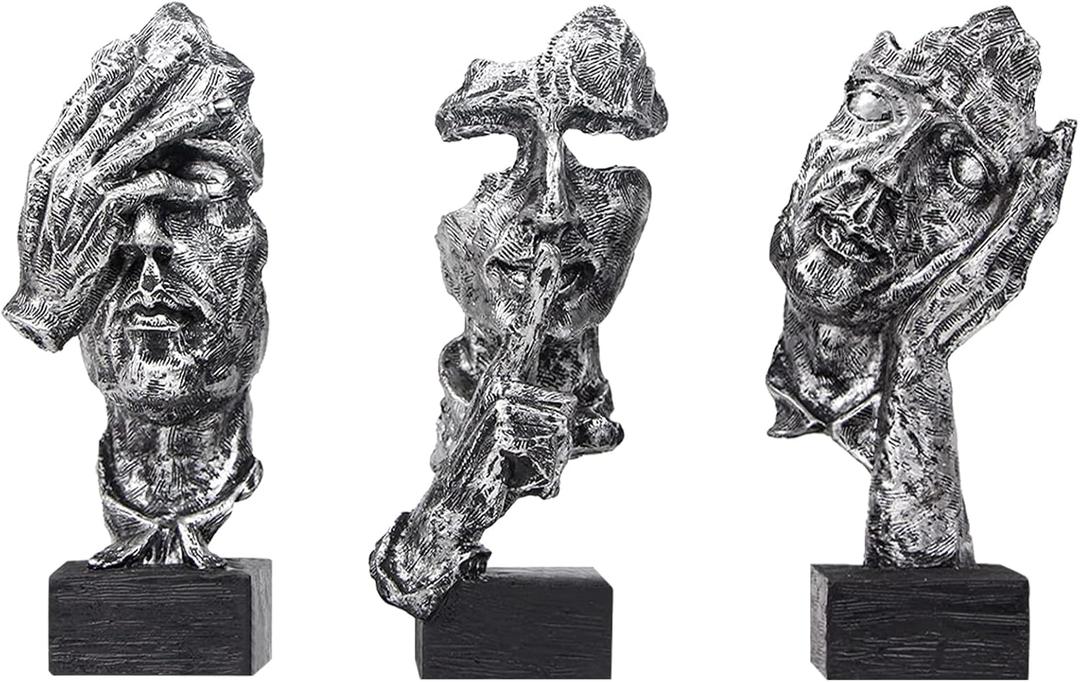 aboxoo Large Size 3 Pcs Thinker Statue, Silence is Gold, See No Evil Hear No Evil Speak No Evil Statues, Modern Resin Sculptures Decor for Living Room, Home, Office Study (Silver)